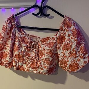 Rust Floral Puff Sleeve Crop Top